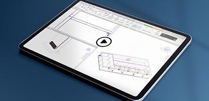 Tablet displaying Stabicad for Revit engineering software with 3D HVAC pipe modeling and calculation tools on a split screen.
