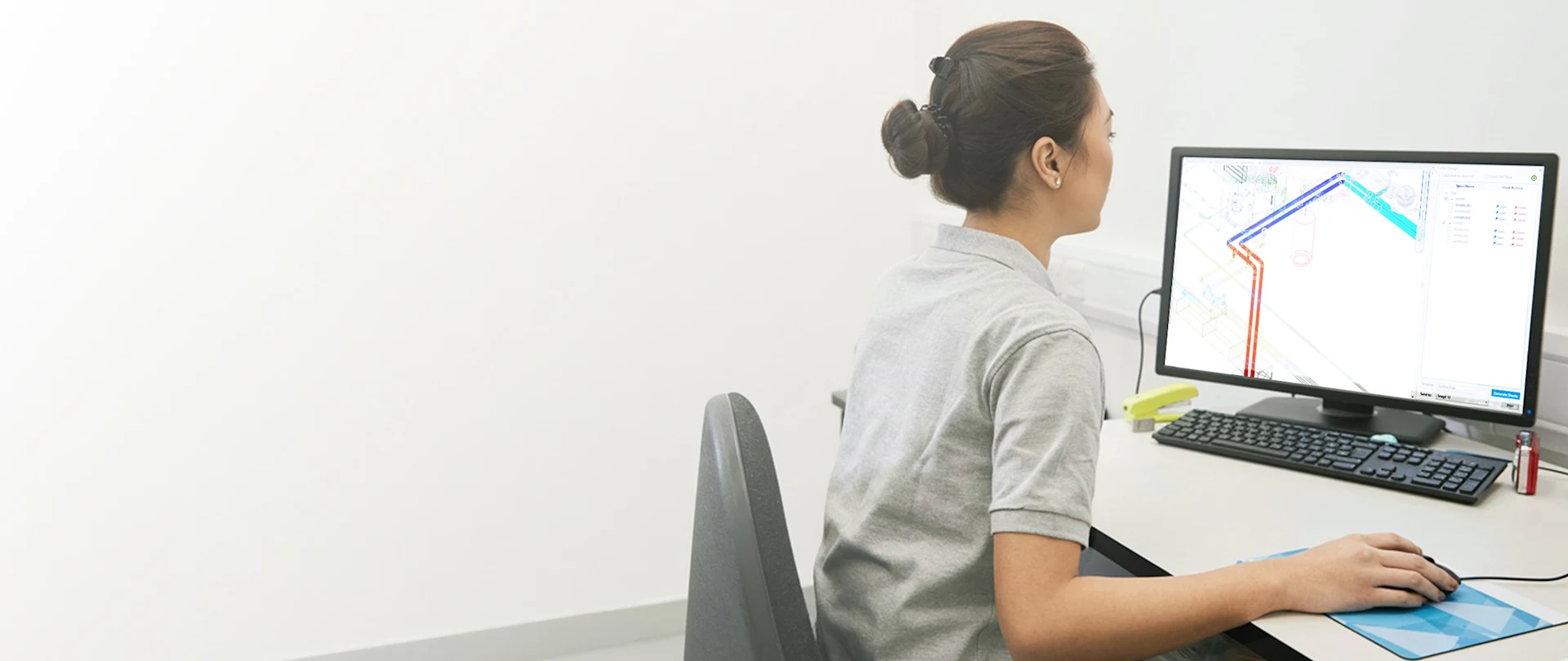 A woman from behind is focused on her computer screen, which displays Fabrication SmartTools software.