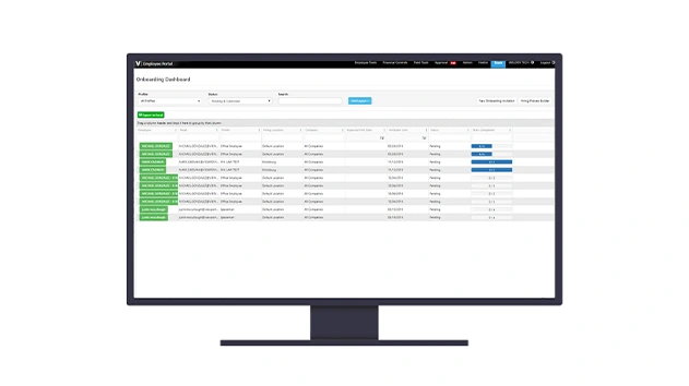 A monitor displays the Trimble Viewpoint Onboarding Dashboard, showing a table of employee names, onboarding statuses, and task progress.