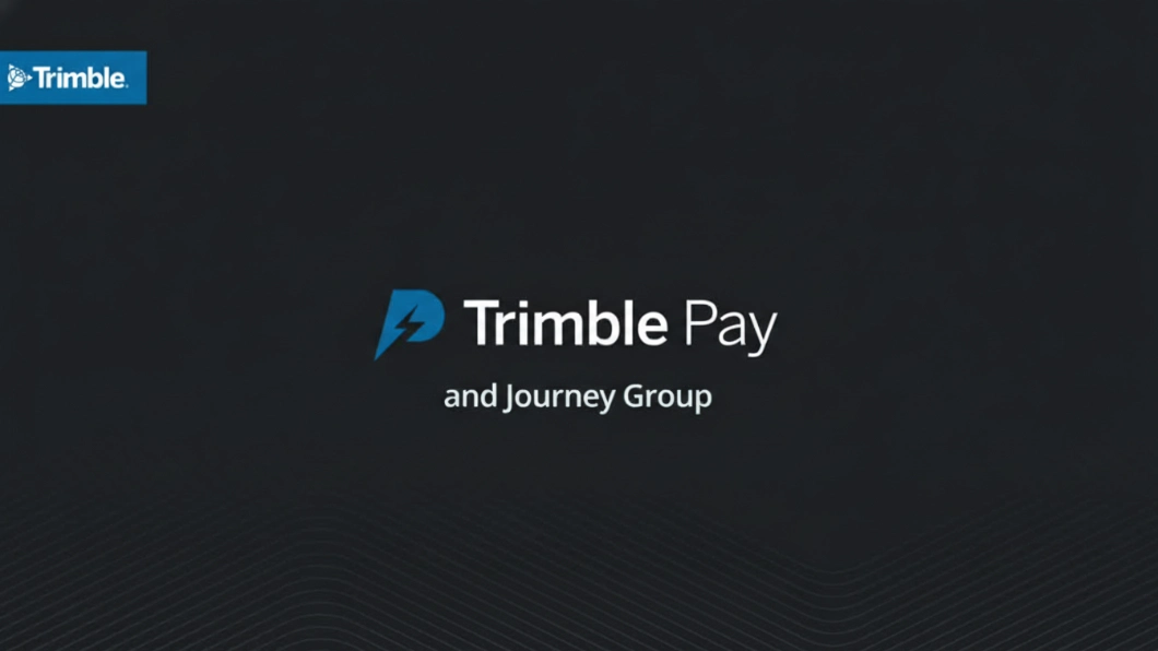 Trimble Pay logo and "and Journey Group" text on a dark gray background with subtle wavy lines. Small Trimble logo in the top left corner.