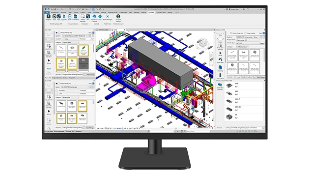 A desktop monitor displays Trimble SysQue software.