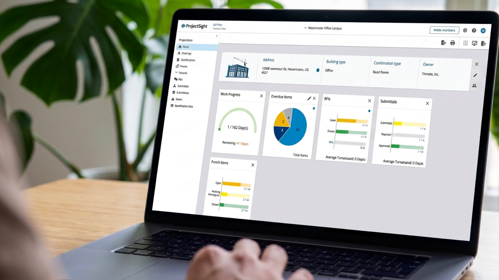 A laptop displaying Trimble ProjectSight construction management software. The screen shows key project dashboards including Work Progress, Overdue Items, RFIs, Submittals, and Punch Items for a "Westminster Office Campus" project.