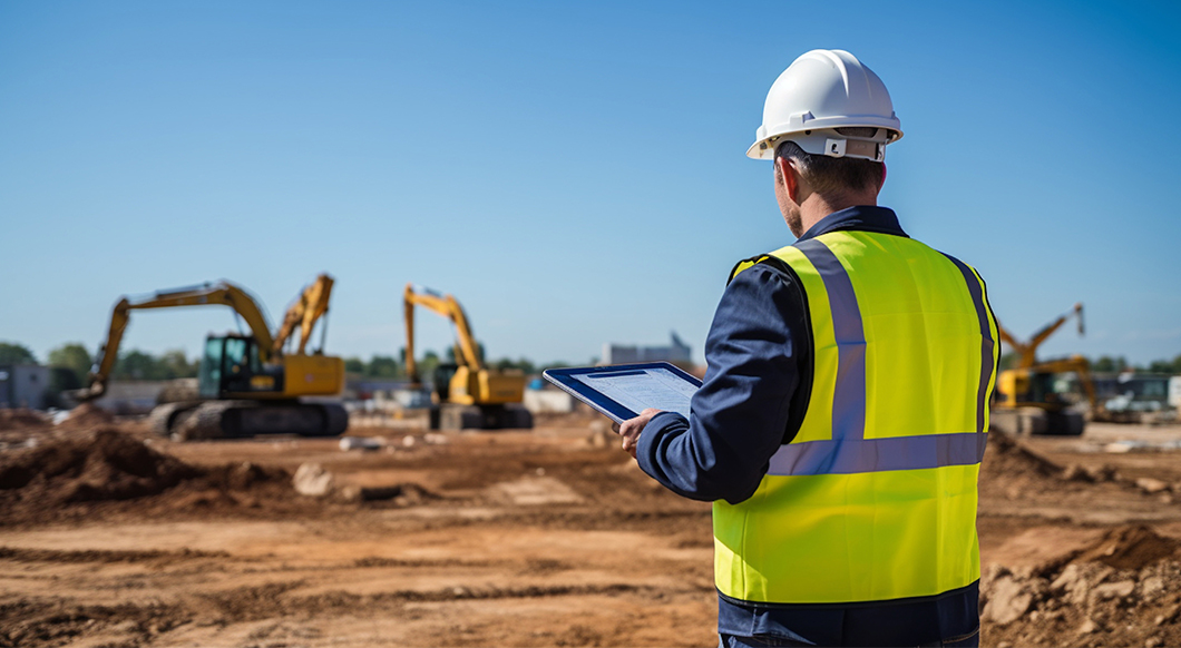 Construction worker in safety gear using a Trimble tablet to monitor a jobsite with yellow excavators and earthworks.