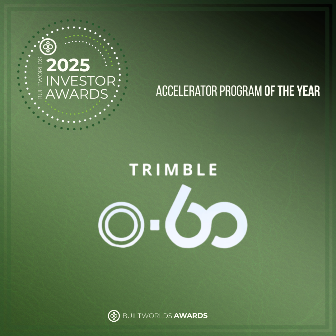 BuiltWorlds 2025 Investor Awards graphic naming the Trimble 0-60 accelerator program as an Accelerator Program of the Year Award Winner.