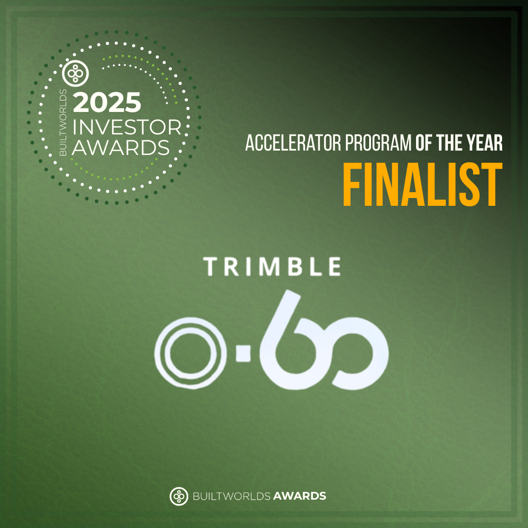BuiltWorlds 2025 Investor Awards graphic naming the Trimble 0-60 accelerator program as an Accelerator Program of the Year finalist.