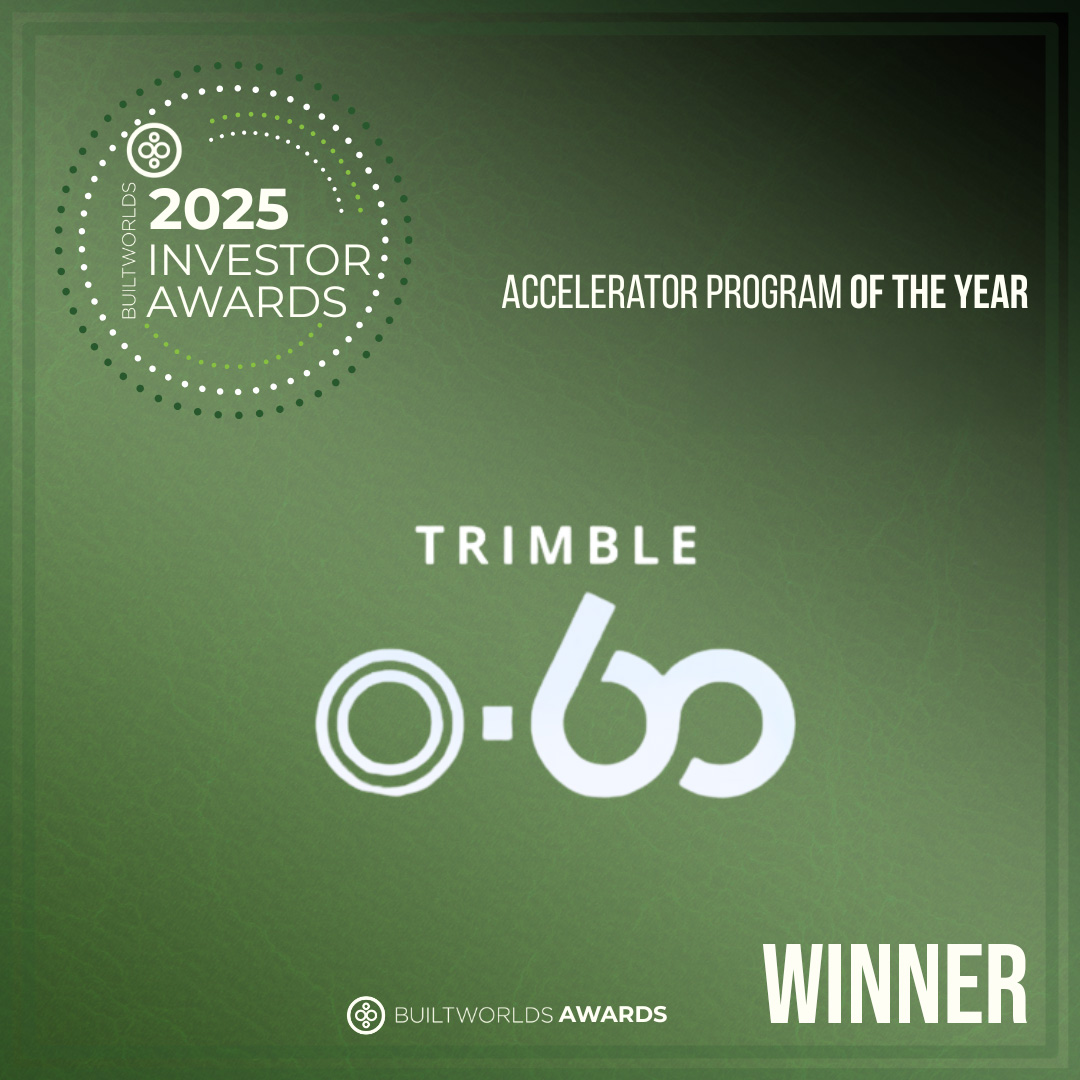 BuiltWorlds 2025 Investor Awards graphic naming the Trimble 0-60 accelerator program as an Accelerator Program of the Year Award Winner.