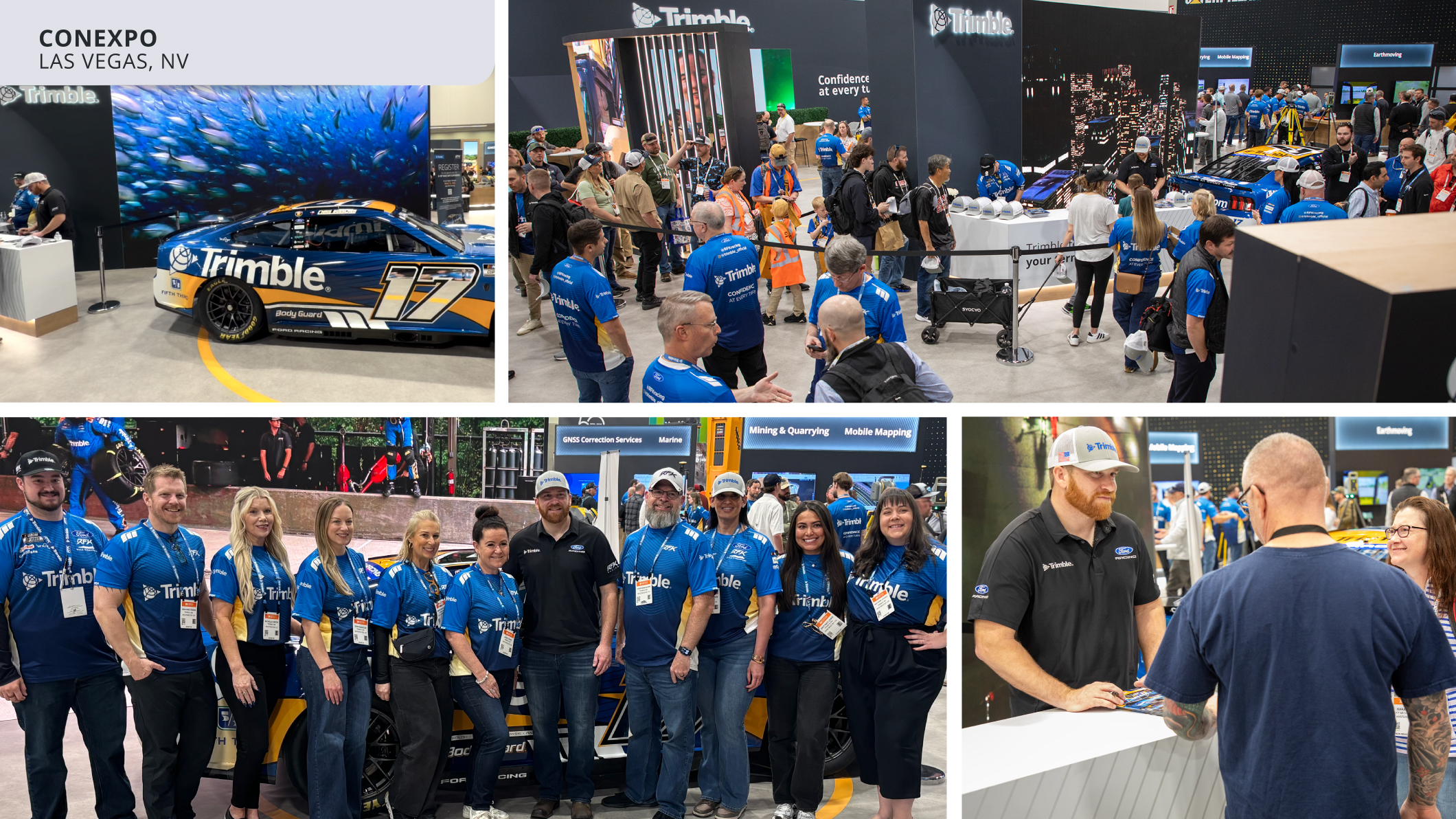 Four-panel collage at ConExpo in Las Vegas showing the blue Trimble No. 17 car, a crowded expo booth, and team members interacting with attendees.