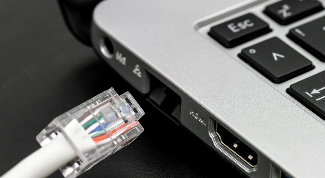 A close-up of a white Ethernet cable with a clear RJ45 connector being held near the network and HDMI ports on the side of a silver laptop.