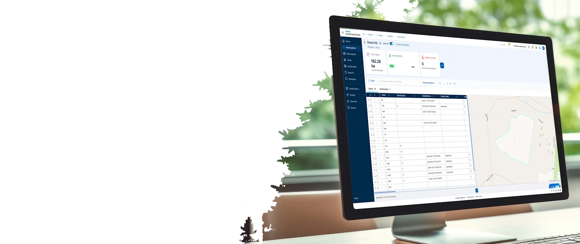 Een computermonitor toont de software Trimble Forest & Land Control met gegevens over 182,29 hectare aan opstanddata en een interactieve kaart met perceelgegevens voor AECO en bosbeheer.