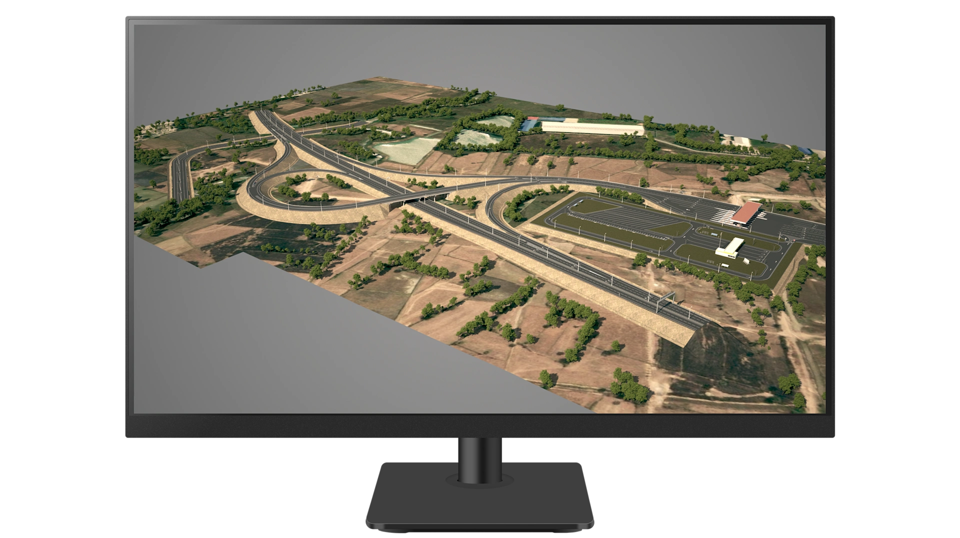 A 3D model of a highway interchange and toll facility on a monitor, created with Trimble infrastructure design software.