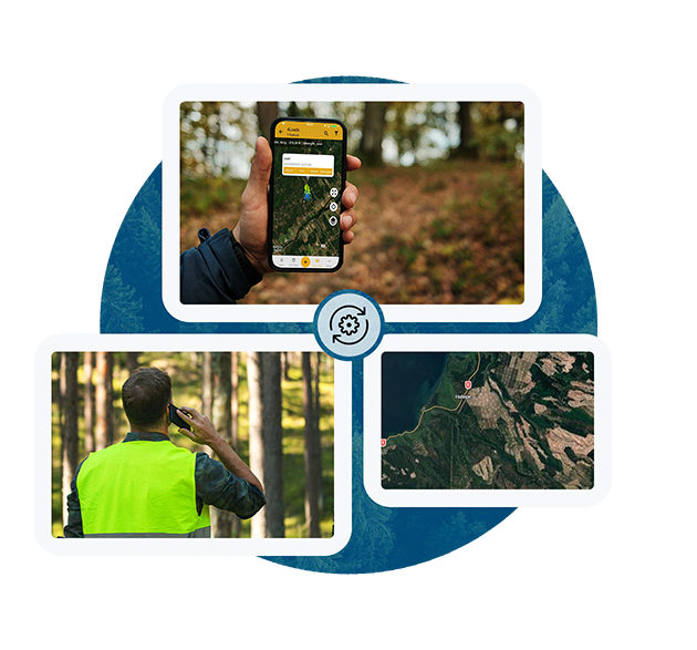 Collage of three images: a hand holding a phone with a map app, a person in a neon vest using a phone in a forest, and an aerial view of a landscape.