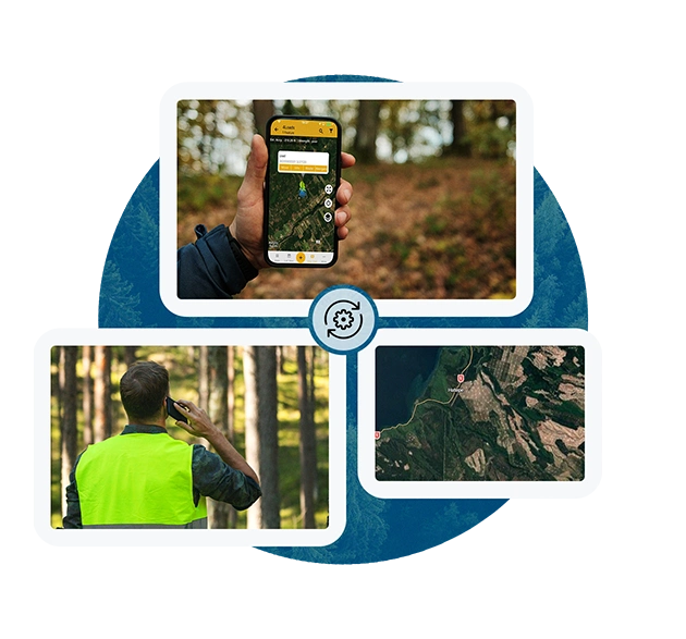 Collage aus drei Bildern: eine Hand, die ein Handy mit einer Karten-App hält, eine Person in einer Neonweste, die in einem Wald ein Handy benutzt, und eine Luftaufnahme einer Landschaft.