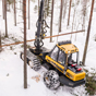 A yellow harvester fells a tree in a snowy forest, surrounded by tall pines. The machine's arm holds the tree.