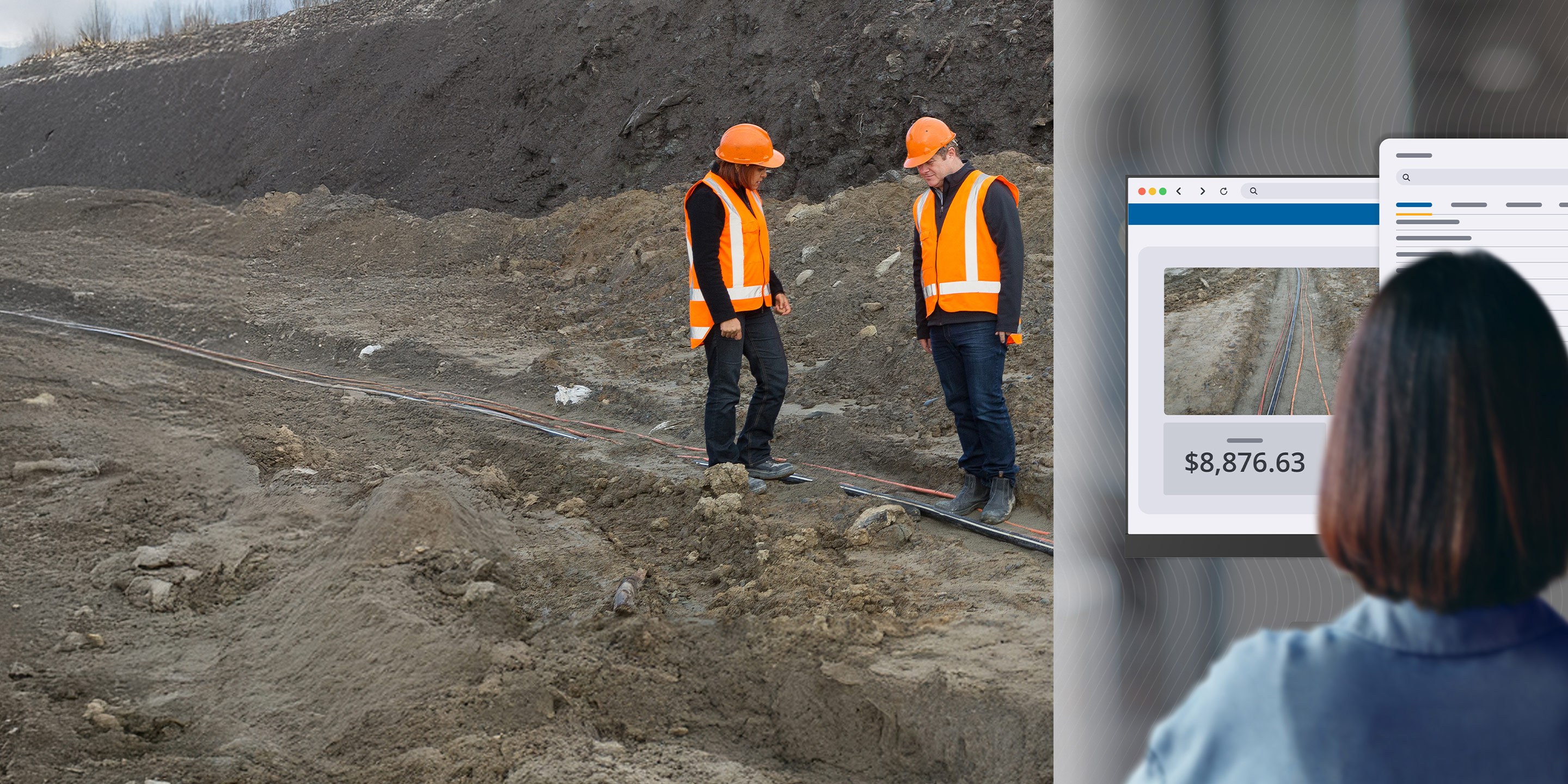Bauarbeiter inspizieren einen Graben auf der Baustelle. Das Bild daneben zeigt eine Frau im Büro, die sich in einer Software die Projektkosten ansieht.