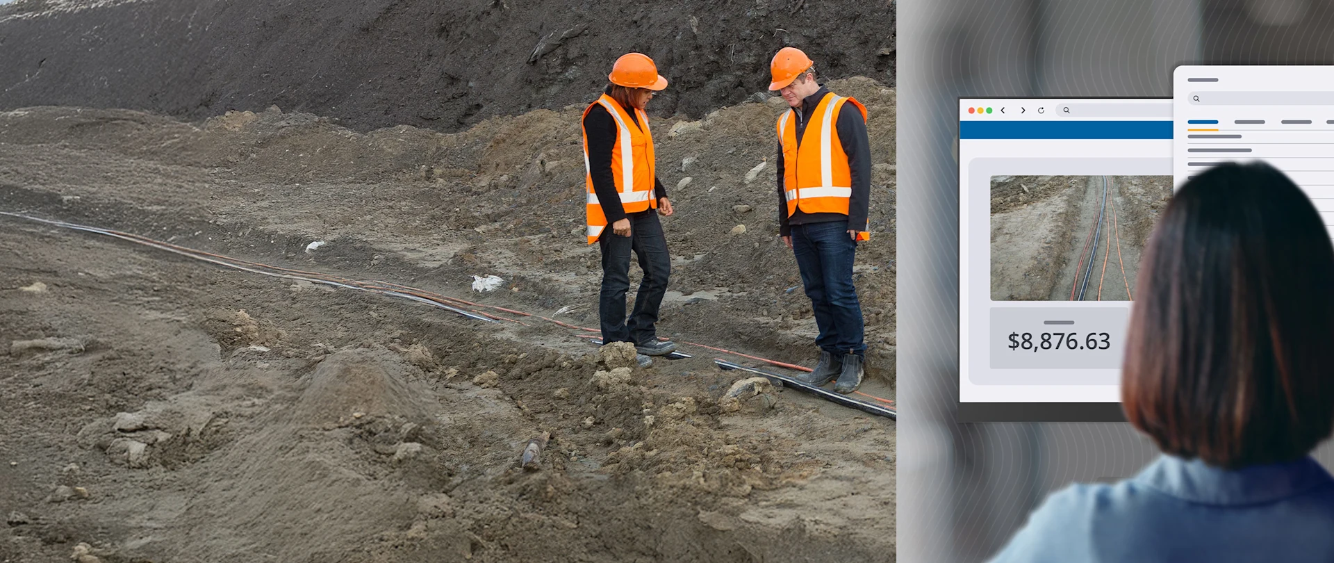 Bauarbeiter inspizieren einen Graben auf der Baustelle. Das Bild daneben zeigt eine Frau im Büro, die sich in einer Software die Projektkosten ansieht.