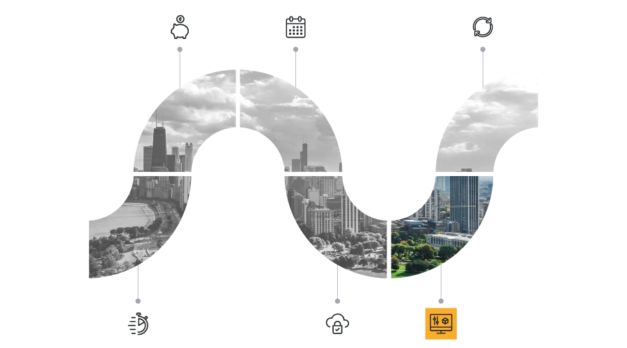 SaaS funnel of Chicago skyline with scalable icon highlighted