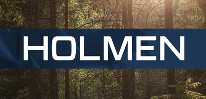 A sunlit forest background with tall trees. A dark blue banner across the center features the word "HOLMEN" in bold white letters
