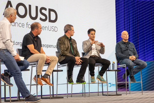 Experts in 3D modeling from Adobe, NVIDIA, Pixar and Trimble discussed the importance of OpenUSD standards at Dimensions 2025. / --