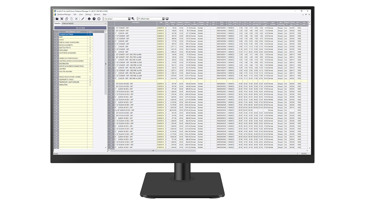 A desktop monitor displays Trimble Time and Material Billing software.