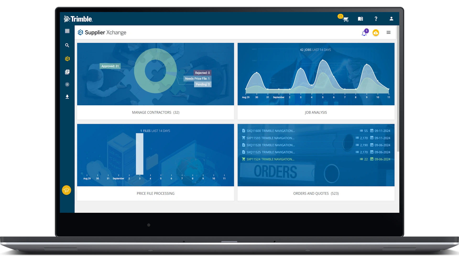A laptop displays the Trimble Supplier Xchange dashboard, featuring data for contractor management, job analysis, price files, and order quotes.