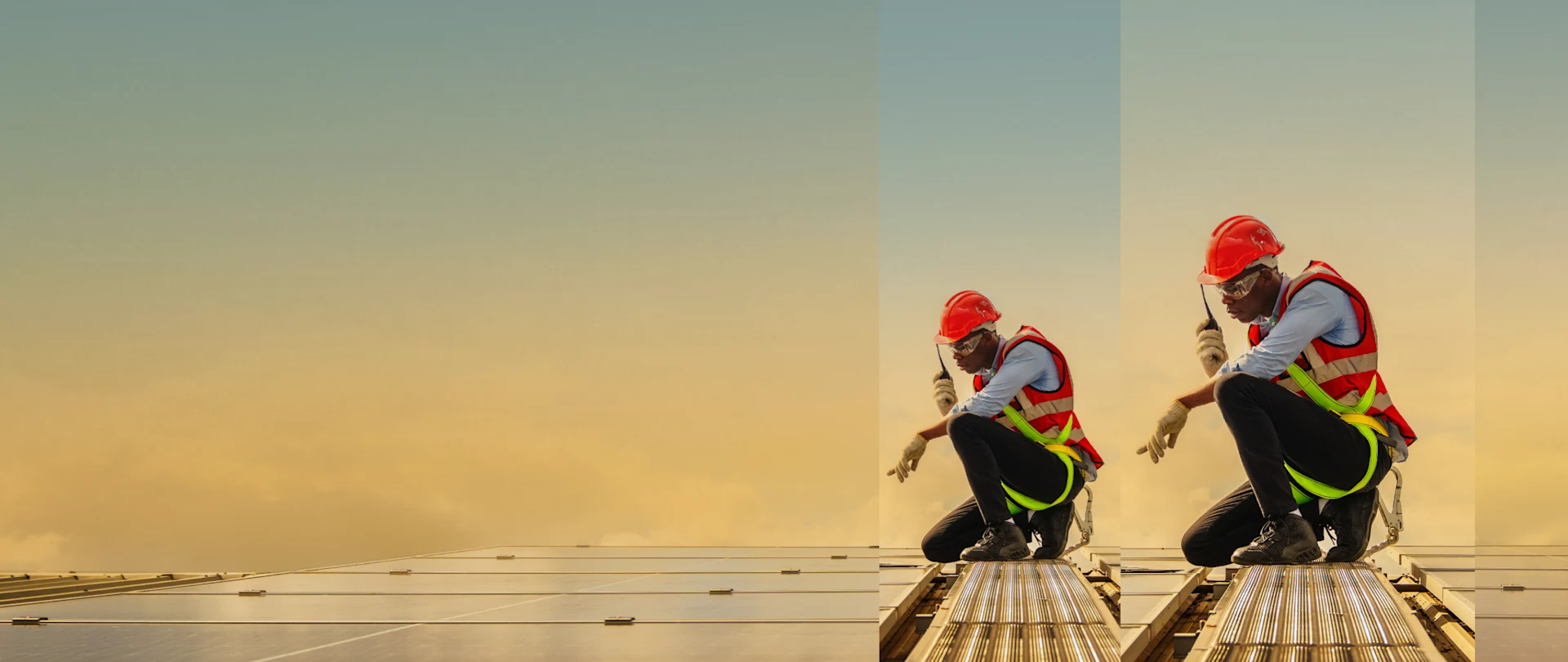 A technician in a red hard hat and safety harness kneels on a solar panel array, representing Trimble ProjectSight field management software.