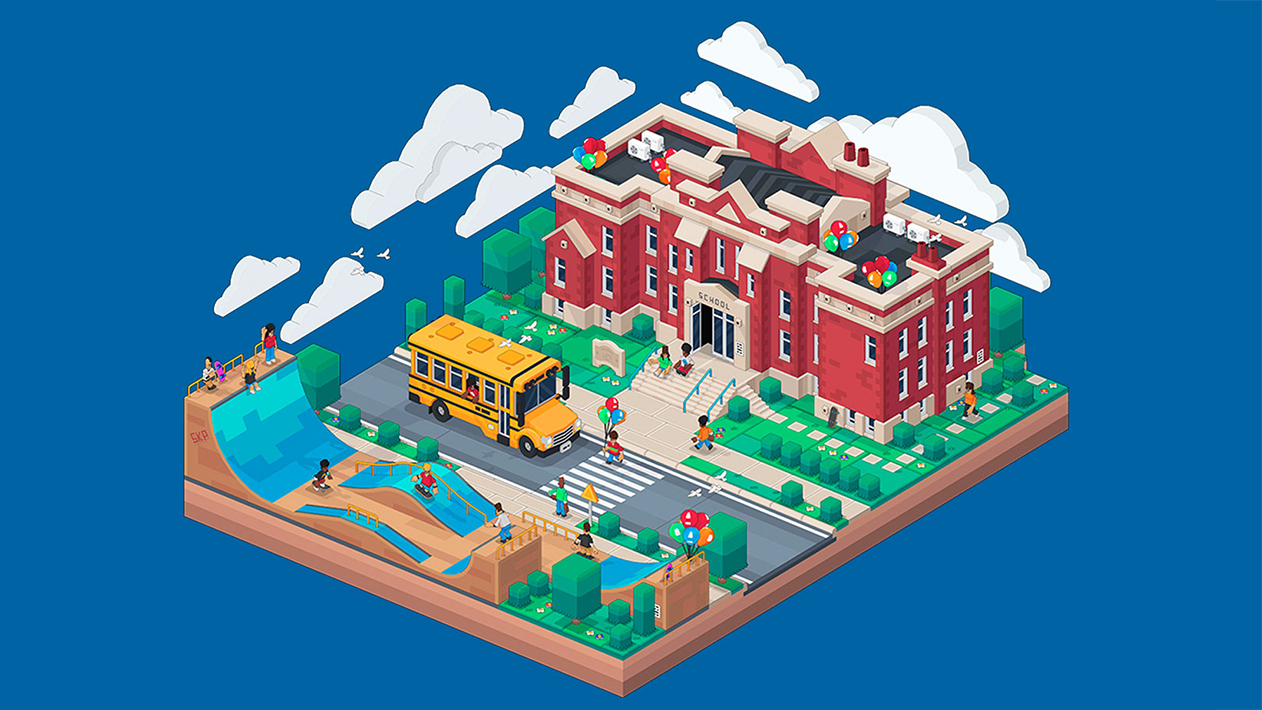 Isometric illustration of exterior of school with people, bus and playground