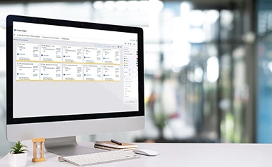 An iMac monitor on a desk in a modern office displays the interface for Trimble ProjectSight, a construction project management software.