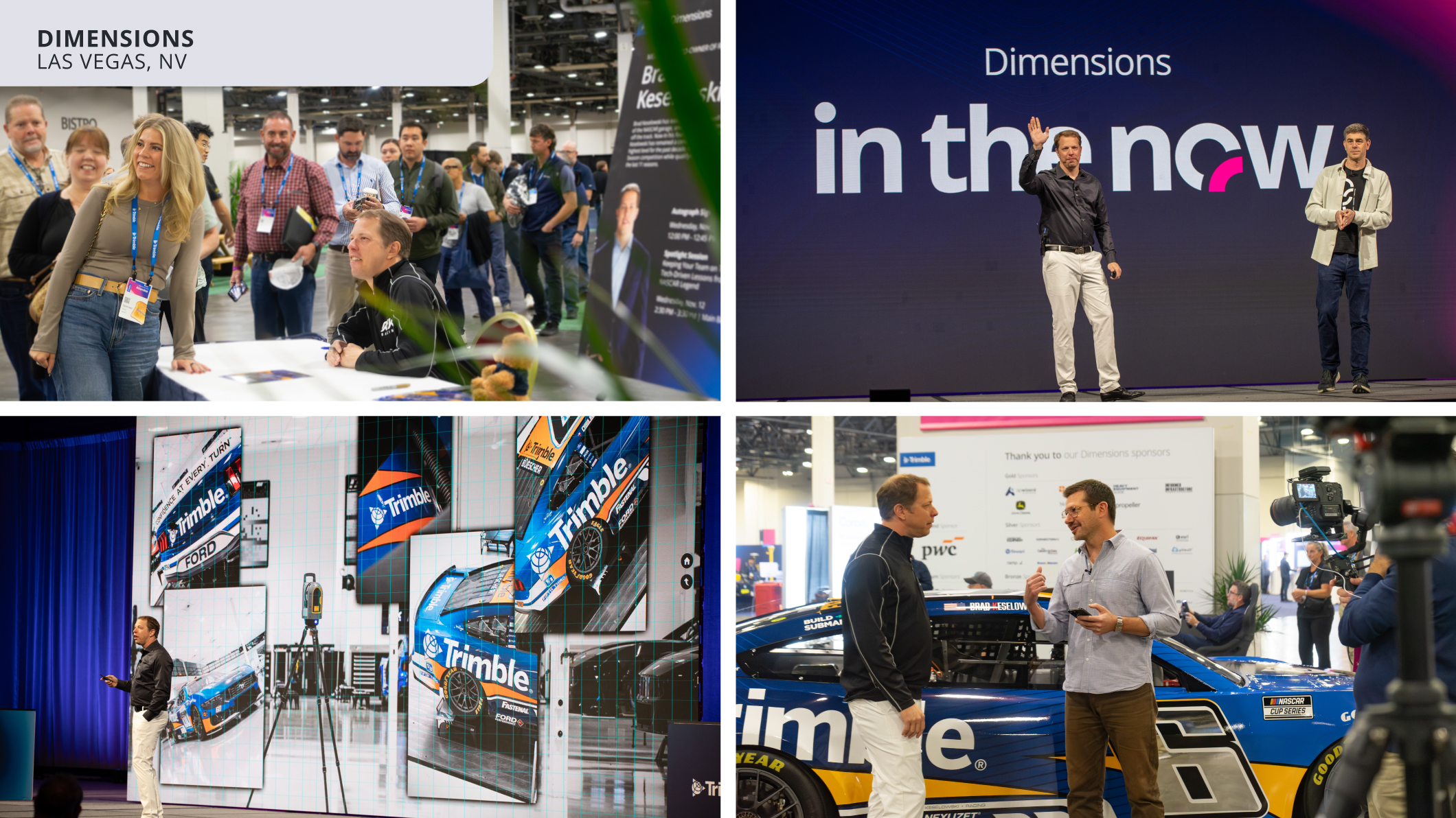 Four-panel collage of the Trimble Dimensions event, featuring presentations on stage, fan meet-and-greets, and the No. 17 race car on display.