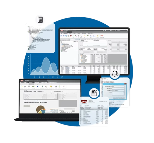 A collage of Trimble’s B2W Estimate software interfaces, featuring construction estimating tools, project data charts, and management windows.