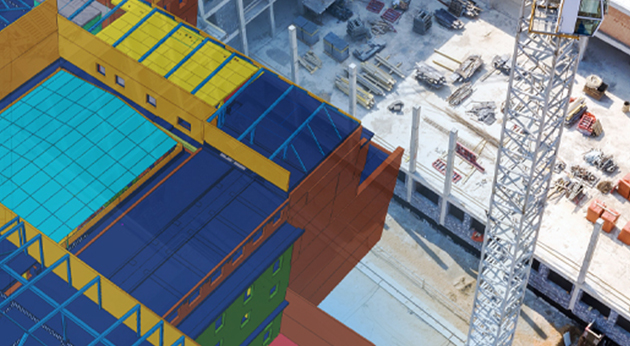 A 3D BIM model overlay on a live construction site with a crane, showcasing Trimble’s visualization technology for field coordination.