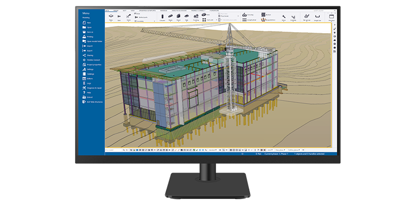 Écran affichant Tekla Structures, un logiciel BIM pour les ingénieurs, les dessinateurs et les entrepreneurs.