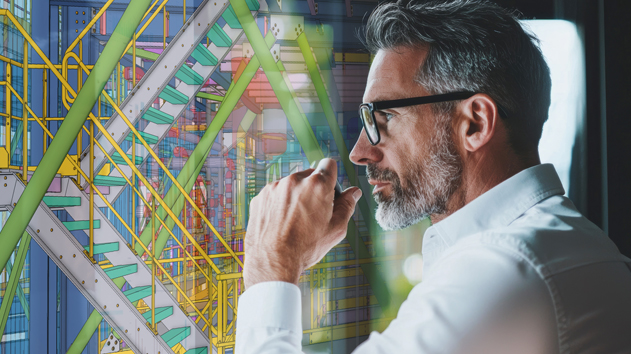 An engineer reviews a colorful 3D industrial structural model using Trimble Tekla software.