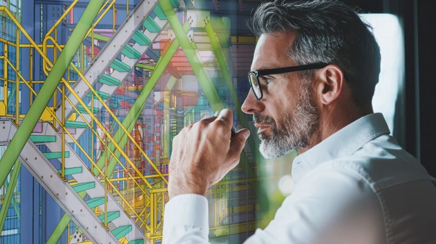 An engineer reviews a colorful 3D industrial structural model using Trimble Tekla software.
