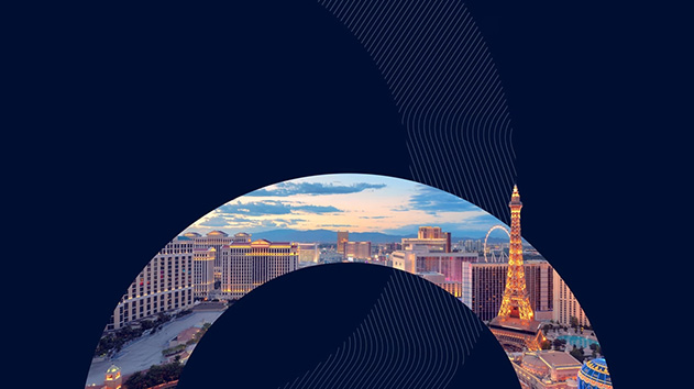Promotional graphic for the Trimble Dimensions conference in Las Vegas, featuring the city skyline and Eiffel Tower replica.
