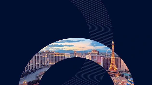 Promotional graphic for the Trimble Dimensions conference in Las Vegas, featuring the city skyline and Eiffel Tower replica.