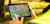Hands holding a tablet displaying a topographic map. The background is a sunny, blurred outdoor environment, suggesting a fieldwork context.