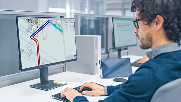 A man with curly hair and glasses works at a computer, looking at a 3D model of pipes on screen.