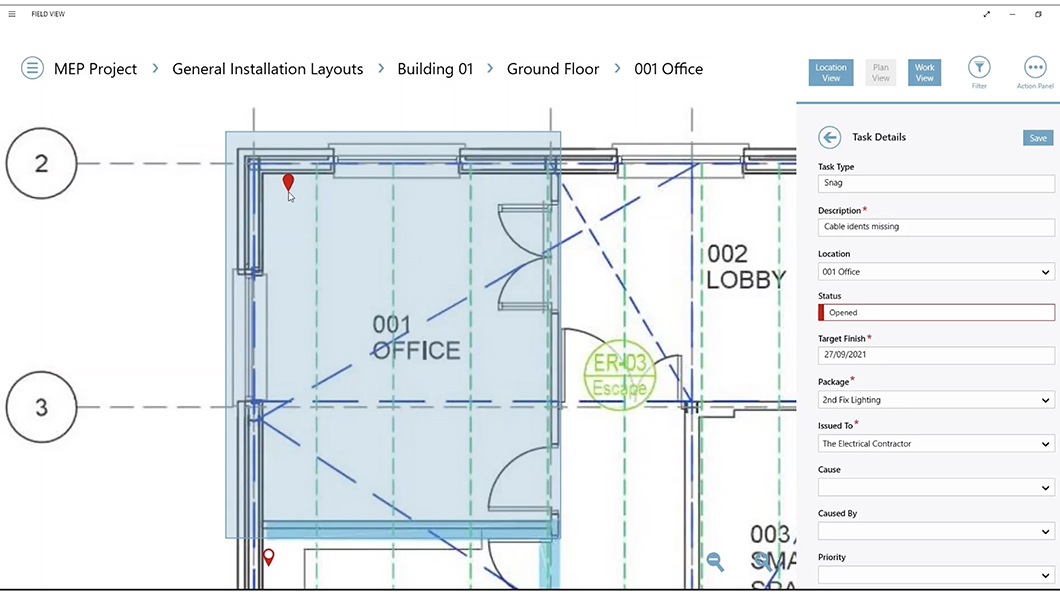 Interface of a digital project management tool showing task details, snags, and locations on a technical layout.