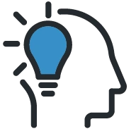Icon of a human head profile with a glowing blue lightbulb inside, symbolizing innovation and creative ideas.