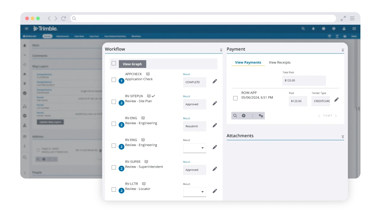 Trimble Unity Permit screenshot showing internal workflow
