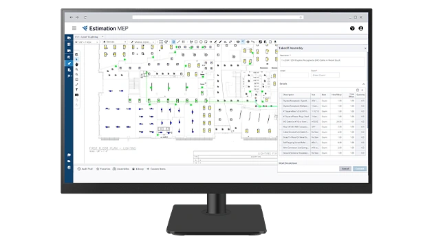 A desktop monitor displays Trimble Estimation MEP software.