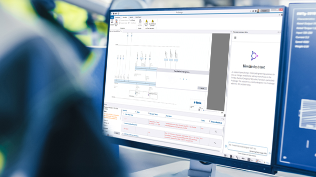 A computer monitor displays Trimble Electrical Designer software, showing an electrical circuit diagram, calculation status, and an AI assistant panel.