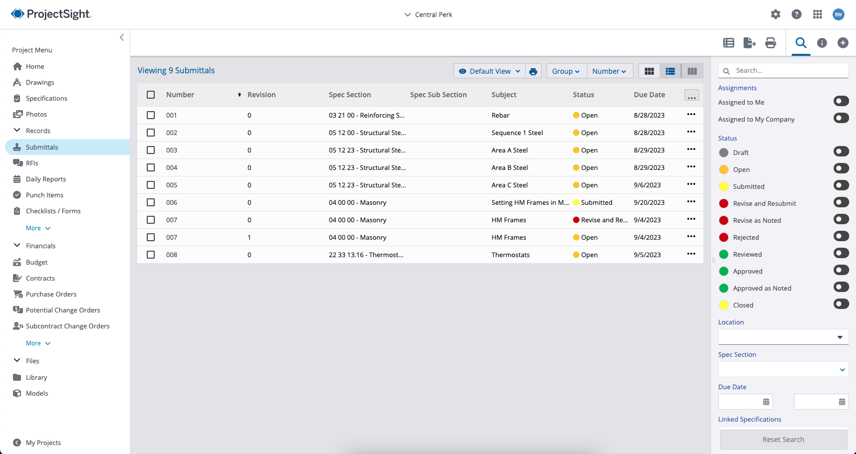 ProjectSight by Trimble dashboard showing a list of submittals for project 'Central Perk' with status tracking and a project menu.