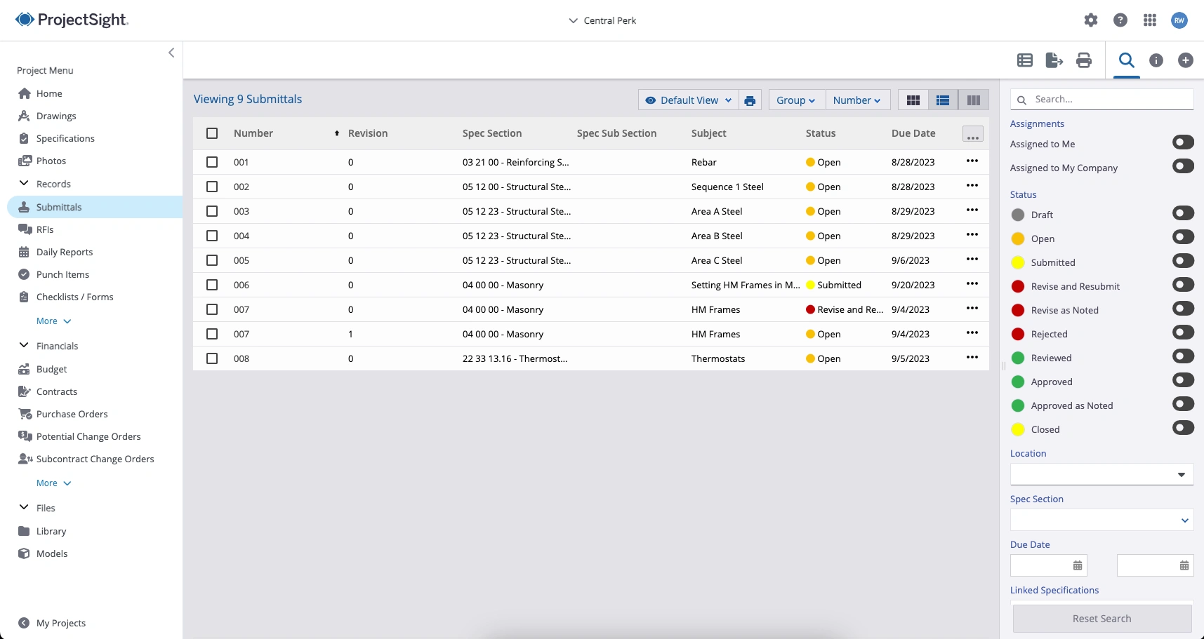 ProjectSight by Trimble dashboard showing a list of submittals for project 'Central Perk' with status tracking and a project menu.