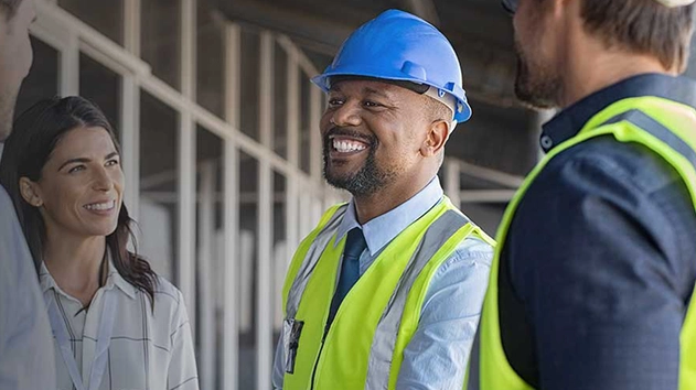 Man with hard hat and reflective vest smiling with group outside building