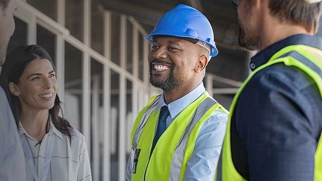 Man with hard hat and reflective vest smiling with group outside building