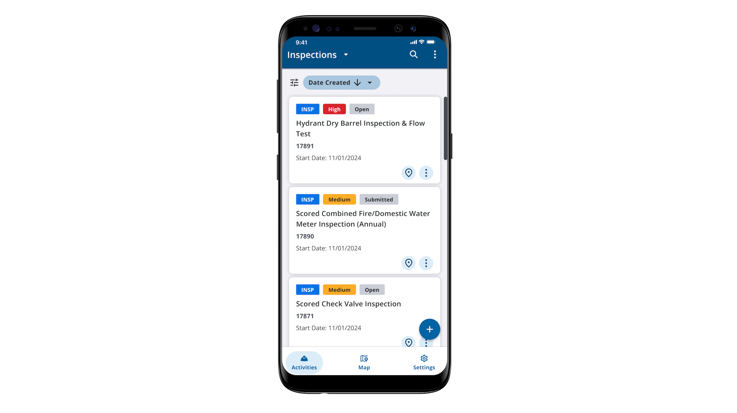 The Trimble Unity Field mobile app interface on a smartphone, displaying a list of utility inspections for hydrants, water meters, and valves.