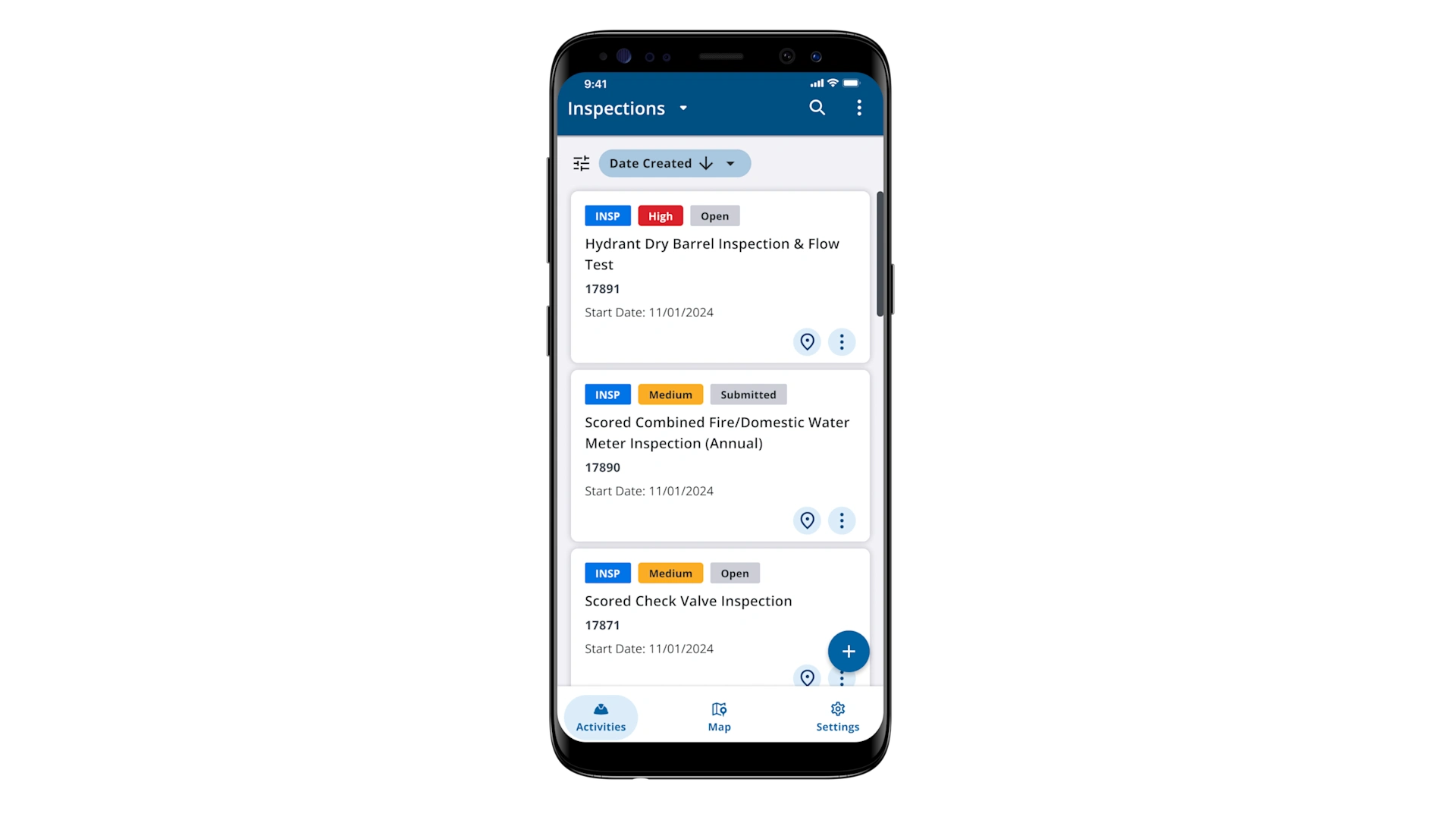 The Trimble Unity Field mobile app interface on a smartphone, displaying a list of utility inspections for hydrants, water meters, and valves.