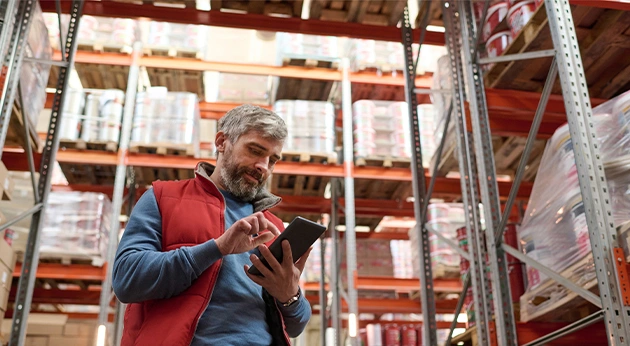 A warehouse worker in a red vest and blue shirt uses a tablet computer amidst high shelves of palletized goods.