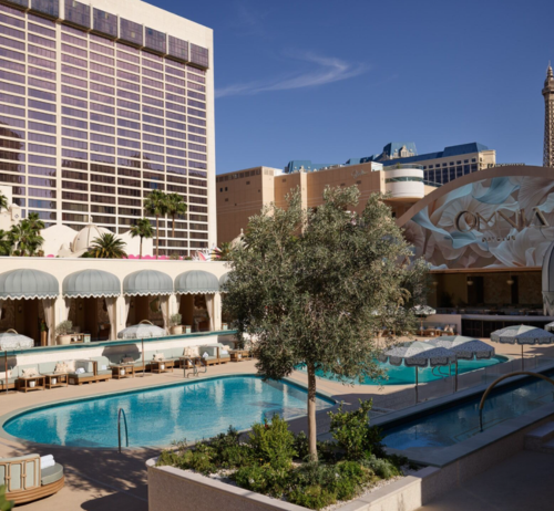 An upscale resort pool area in Omnia.jpg features lounge seating, cabanas, and umbrellas surrounding turquoise pools. A prominent green tree sits in a planter, with towering hotel buildings and a clear blue sky in the background.